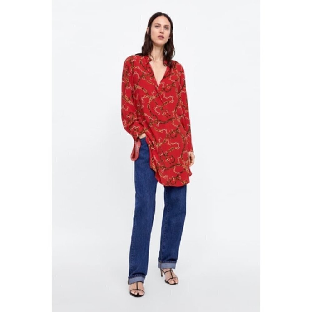 Zara Basic Red Chain Print Long Sleeve Tunic Dress S